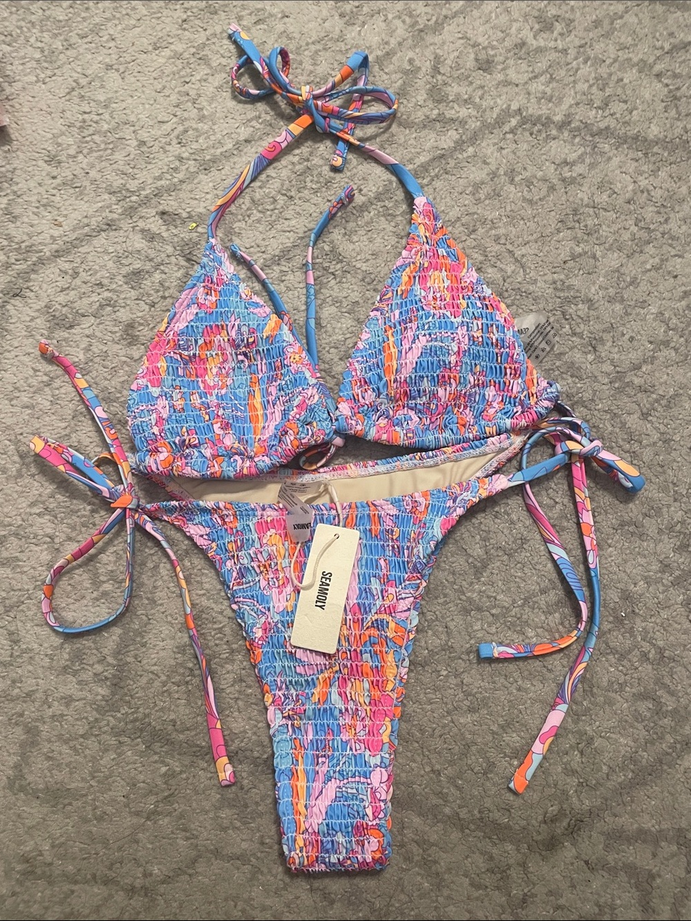 Smocked Floral Tie-Side Bikini in Blue & Pink